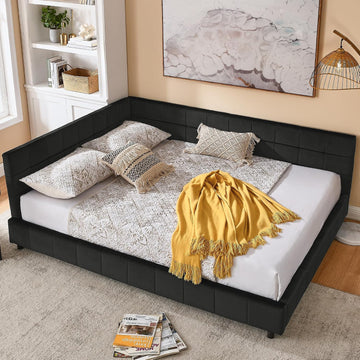 Queen Corner Bed Frame with Comfortable Backrest and Armrests, Velvet Tufted Corner Bed Frame Queen, Upholstered