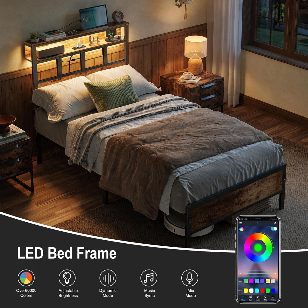 Bed Frame with Headboard and Storage Shelf, Metal Platform Bed Frame with Charging Station, LED Lights