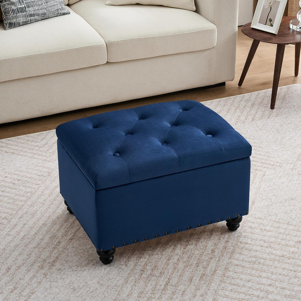 Velvet Storage Ottoman Bench, Button Tufted Ottoman with Hidden Storage, Upholstered Foot Rest Stool with Solid Wood