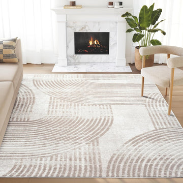 Cream Area Rug for Living Room, Bedroom -Mid-Century Modern- 6' x 9' -Durable & Easy to Clean