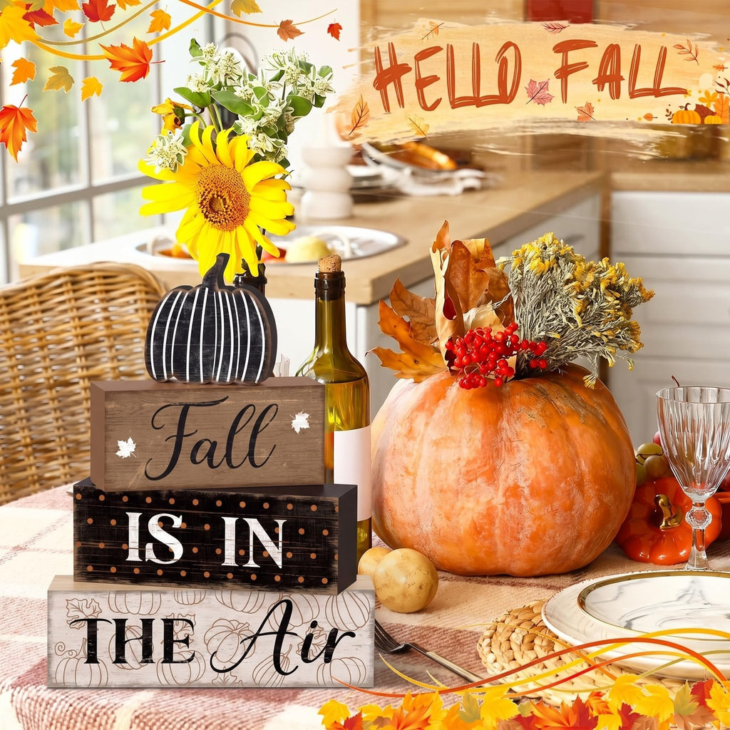 Fall Pumpkin Dot Tiered Tray Decor Set, 4 Pack, Wooden Table Sign