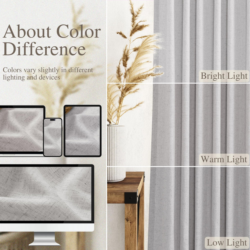 Grey Linen Back Tab Curtains 96 Inches Long 2 Panels Set Sliding Glass Door Grey Semi Sheer Curtains Light Filtering