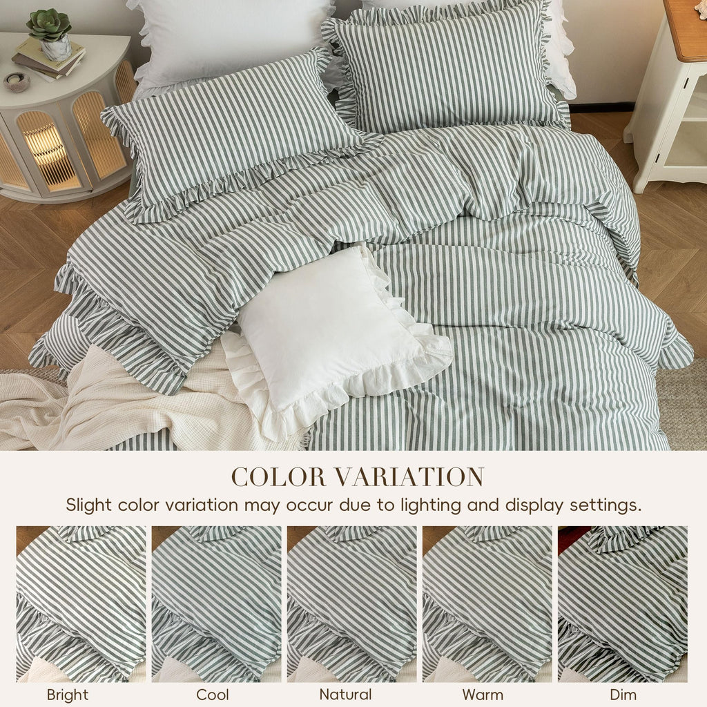 Striped Ruffle Duvet Cover Set Washed Cotton Linen Feel 3‐Pcs