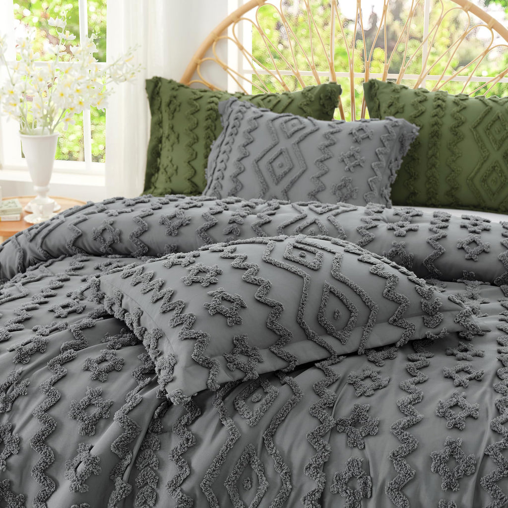 Tufted Boho Comforter Set Queen Size, 3 Pieces Soft Textured Bed Set, Lightweight Breathable Comforter for All
