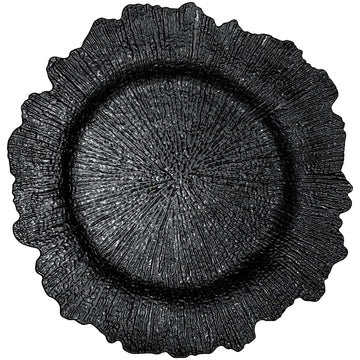 Black Charger Plates Set - 13" Vintage Plastic Dinnerware Set - Reusable Elegant Serving Plates for Parties, Weddings