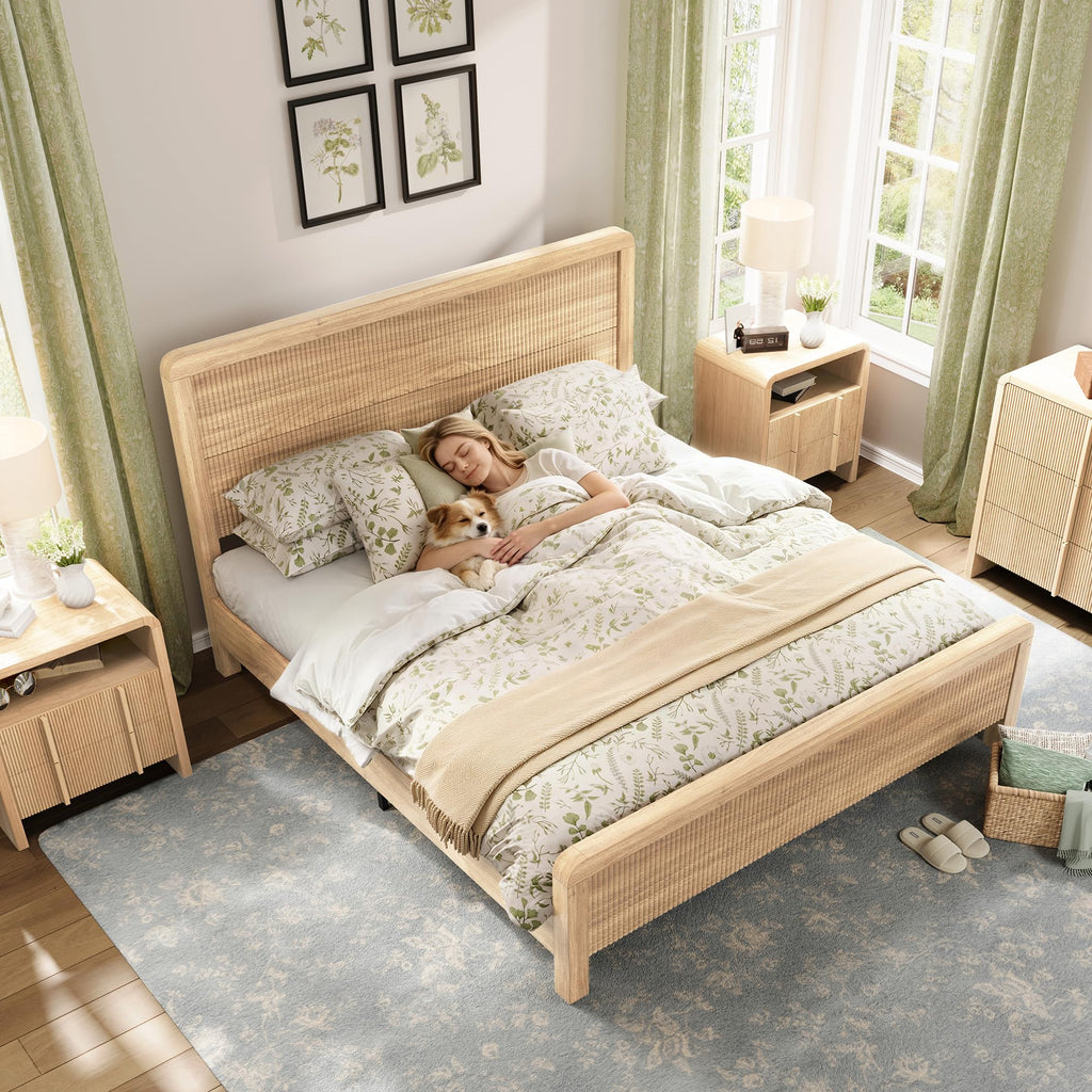 Wood Full Size Bed Frame with Fluted Headboard & Footboard, Oak