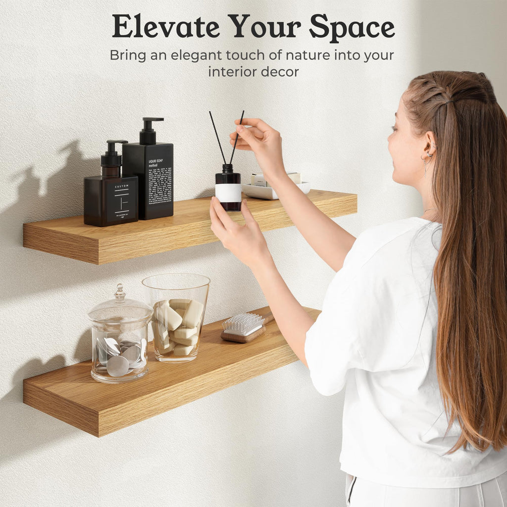 40" Natural Oak Color Floating Shelves Wood Wall Shelf, Set of 2