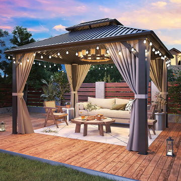 10'x12' Gazebo Hardtop Gazebo, Aluminum Frame Pergola with Double Galvanized Steel Roof, Permanent Outdoor Metal Canopy with Curtain & Netting for Patio, Backyard, Deck, Dark Grey