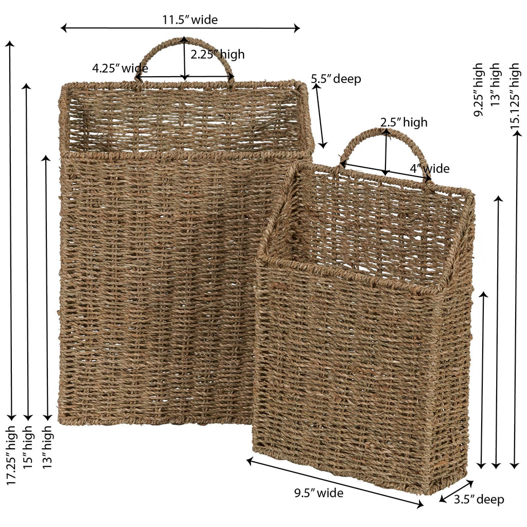 Rectangular Wicker Hanging Baskets, Set of 2, Small and Large, Handwoven Seagrass, Durable Metal Wire Frame