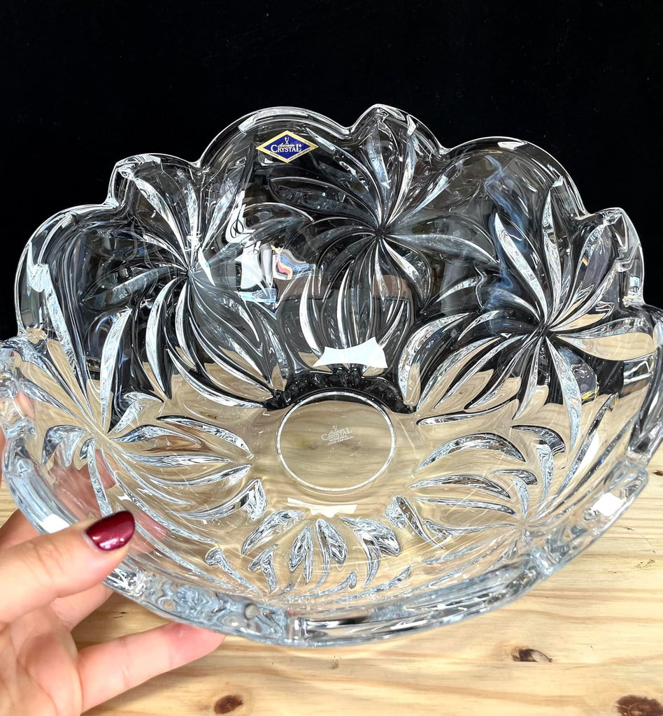 Bohemian Crystal Glass Bowl-Vase 11"-Dia Clear Decorative Wedding Gift Elegant Centerpiece Classic Vintage European