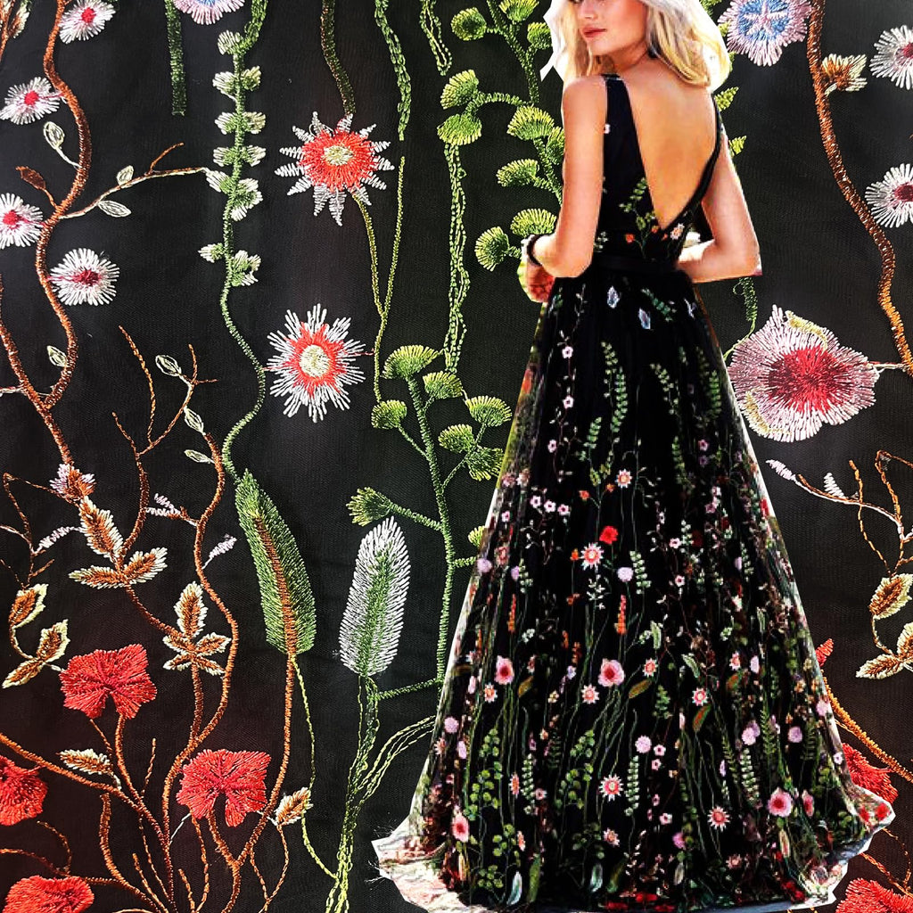 Lace Fabric, 2 Yards Black Beautiful Multicolor Seaweed Flowers Dense Embroidery Fabric Tulle Lace DIY for Sewing