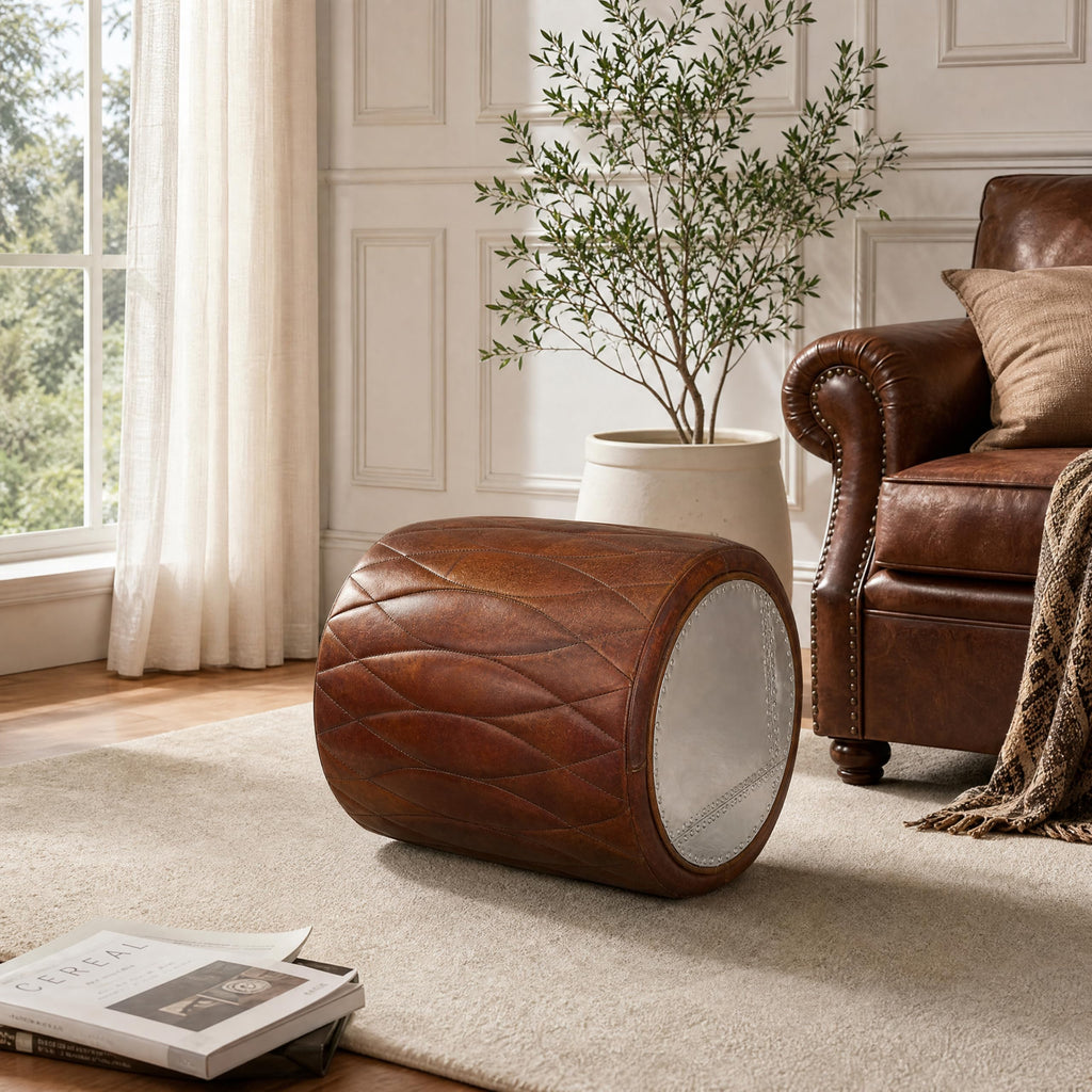 Genuine Leather Ottoman Round Pouf with Aluminum Patchwork
