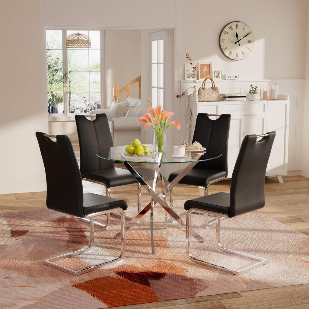 Modern Dining Chairs Set of 4 PU Faux Leather High Back Upholstered Chairs with Silver Metal Legs Dining Room, Black