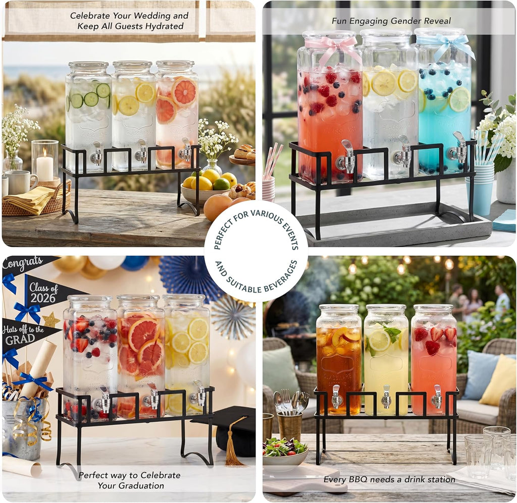 Triple Chalkboard Beverage Dispensers with Metal Stand & Spigot, Glassware for Water, Iced Tea, Punch, Cold Drinks