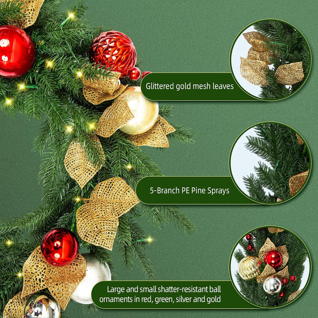 9 FT Pre-Lit Christmas Garland with 80 Warm White LED Lights and Timer, Battery Operated Artificial PE & PVC Garland