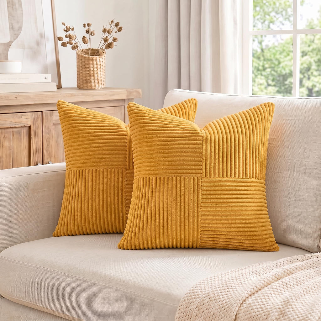 Gold Yellow Decorative Throw Pillow Covers 22x22 Inch Couch Bed, Boho Farmhouse Fall Home Decor, Soft Corss Corduroy