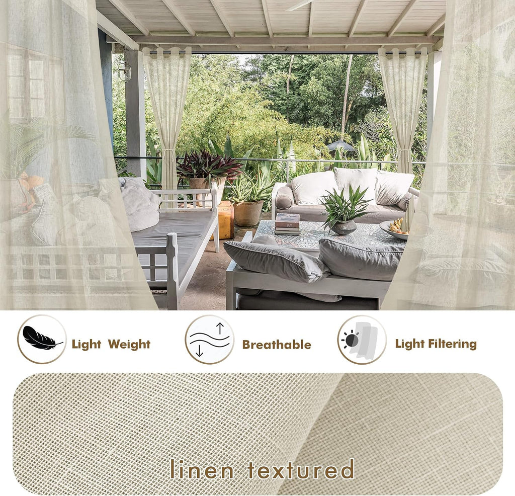Semi Voile Beige Sheer Outdoor Curtains 4 Pcs 54x84 In | Light Filtering Grommet Top Faux Linen Outdoor Dining
