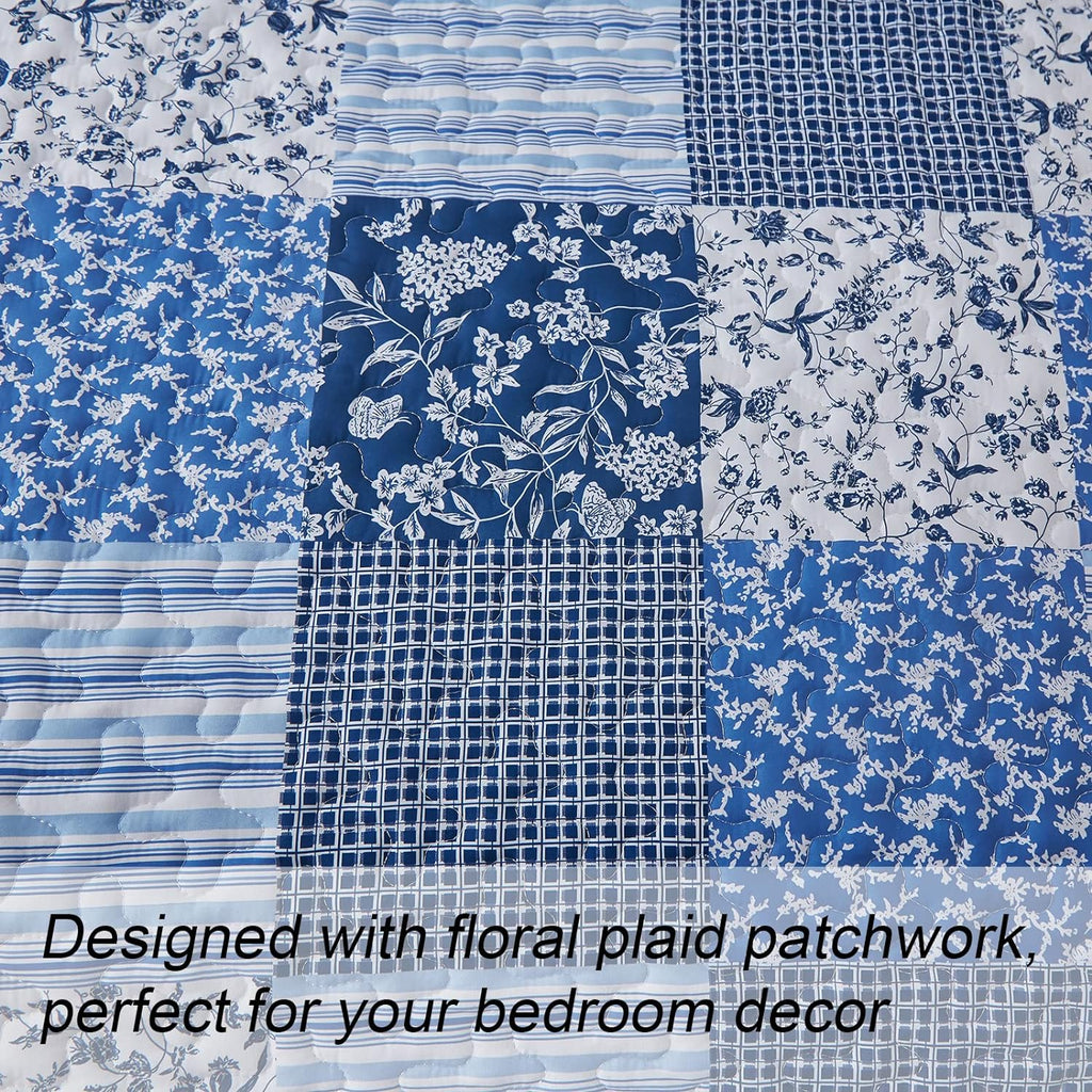 Blue Boho Quilt Set Queen,3 Pieces Plaid Floral Bedspread Coverlet Set for All Season,Patchwork Reversible Bedding