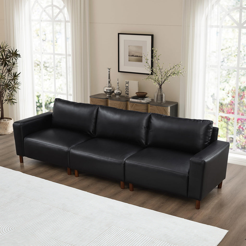 Faux Leather Sectional Couch Set with Solid Wood Legs, Mid-Century Modern Modular 3-seat Sofa & Loveseat, Comfort