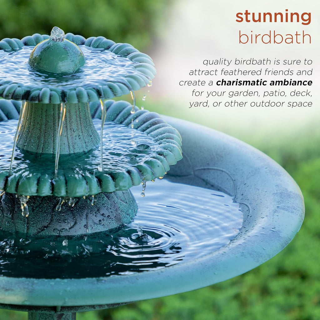 35" Tall 3-Tier Outdoor Pedestal Water Fountain - Durable Resin Cascading Water Feature and Birdbath, Green