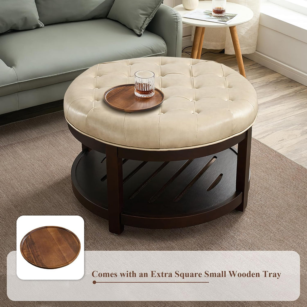 Round Coffee Tables ,33'' Storage Ottoman with Wooden Tray, Upholstered Ottoman Footrest, Ivory