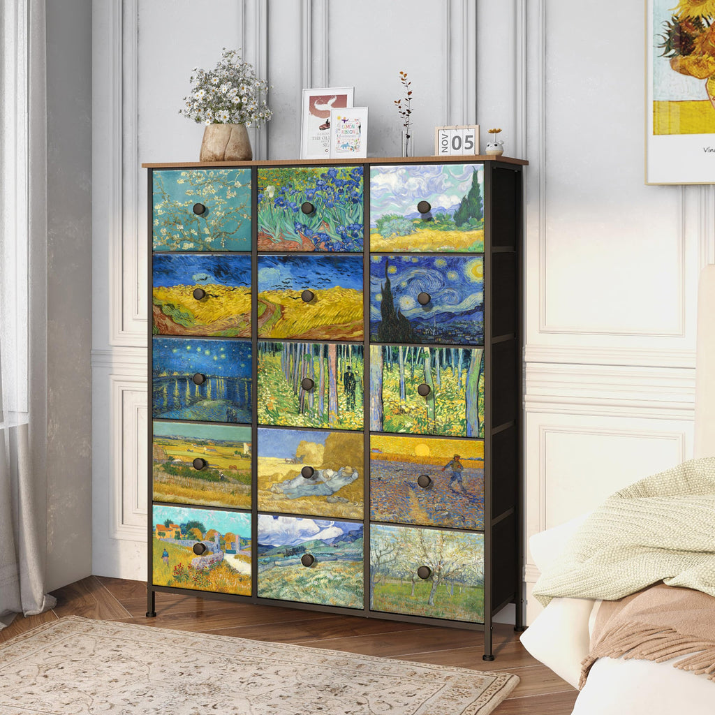 Large Chest of Drawers 15 Drawer Dresser Van Gogh Tall Fabric Dresser Living Room Entryway Closet with Sturdy Metal