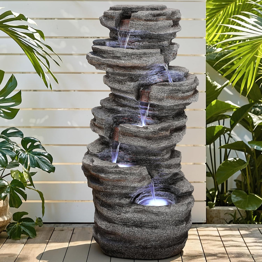 Extra-Large 6-Tier Outdoor Water Fountain with LED Lights, Cascading Rock Waterfall for Garden Patio Porch