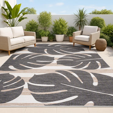 Beach Stripe and Monstera Leaf Indoor Outdoor Area Rug Black/Beige, Allison Classic for Backyard, Patio, Porch