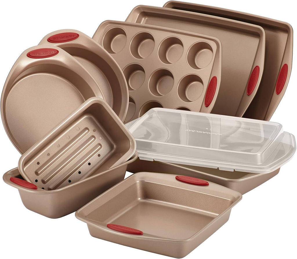 Cucina Nonstick Bakeware Pans Set, Latte Brown and Cranberry Red, Dishes, 10-Piece