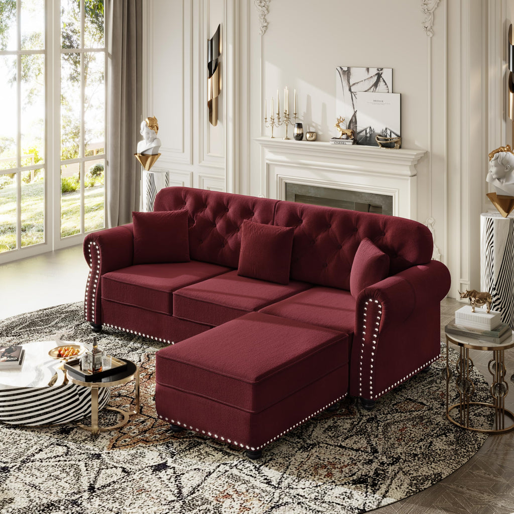 83" Velvet Chesterfield Sofa with Rolled Arms & Nailhead Trim & 1 Ottoman, Modern 3-Seater Button Tufted Couch with