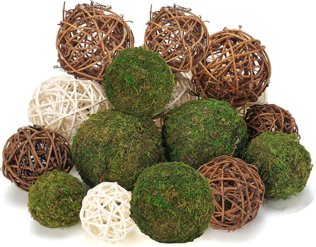 Decorative Balls for Centerpiece Bowl - Fake Moss Balls + Rattan Wicker Balls, Artificial Moss - Set of 18