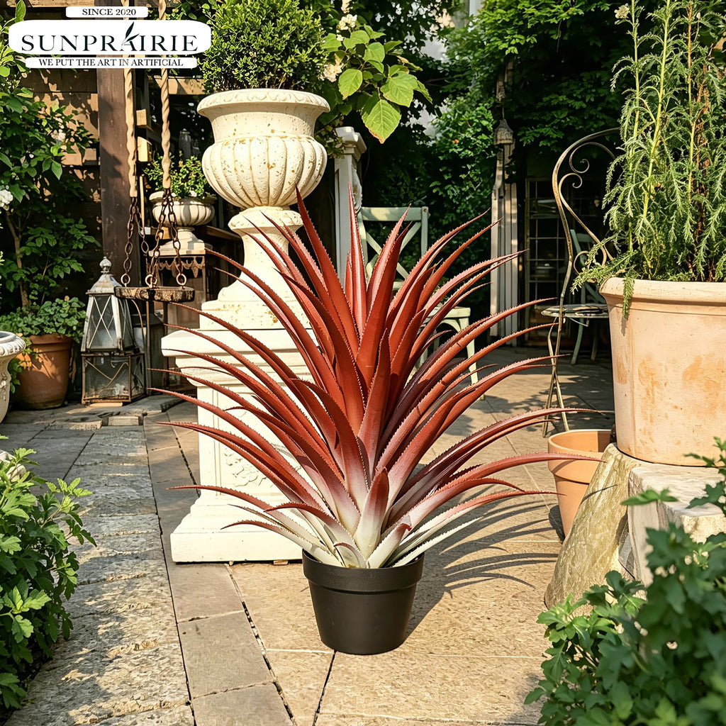 Hyper Realistic Big Red Artificial Aloe Vera Plant 26 Inches Tall. Large Faux Agave in Matte Black Pot.
