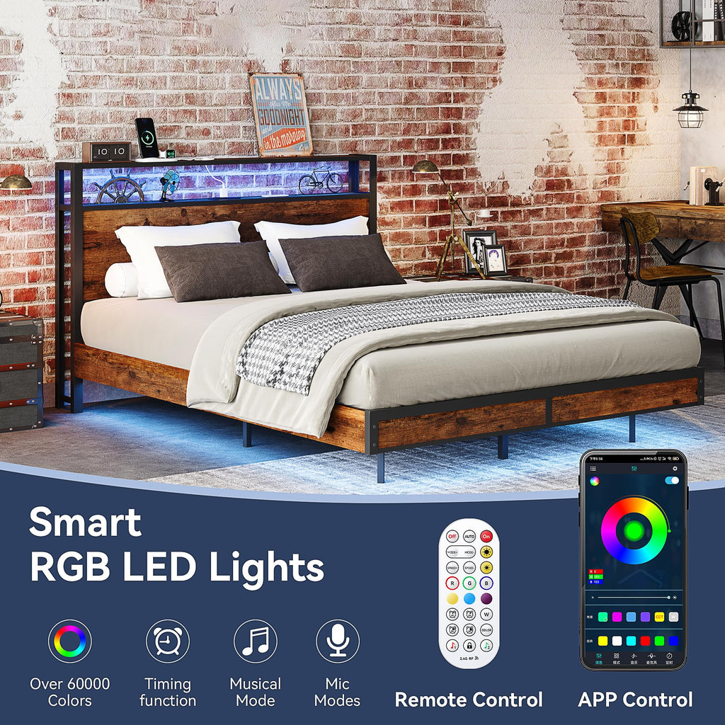 Bed Frame with Storage Headboard and Charging Station, Metal Bedframe with LED Lights, Platform Bed