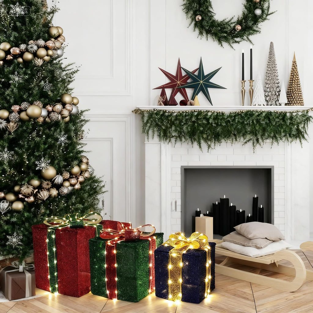 Set of 3 Christmas Lighted Gift Boxes - Warm White 160 LEDs Outdoor Decor
