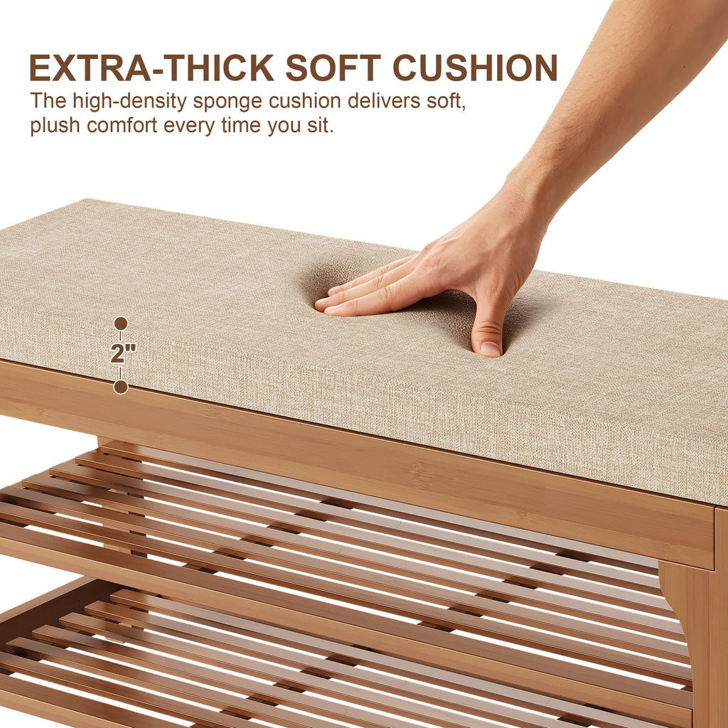 27.6" Shoe Storage Bench with Cushion, Bamboo Shoe Rack Bench, 2-Tier Entryway Shoe Organizer, Supports up to 350 LB