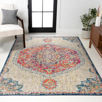 Boho Vintage Cream/Orange Indoor Area Rug, Bohemian Flair Traditional Medallion, Easy-Cleaning, Pet Friendly