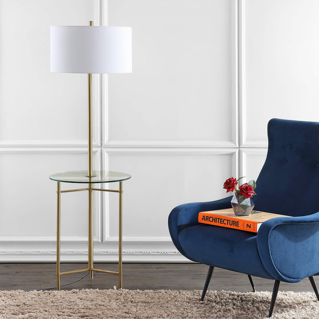 Chuck 59" Metal and Glass Side Table Floor Lamp, Brass Gold