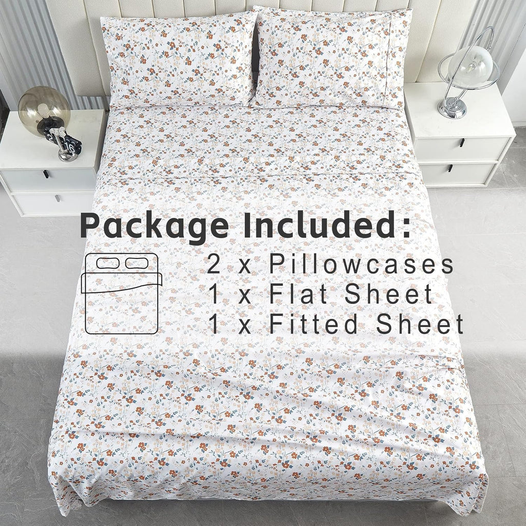 Floral Queen Sheet Set Orange Flower Printed Bed Sheets - 4 Piece Soft Microfiber Patterned Fitted Sheets with 15"