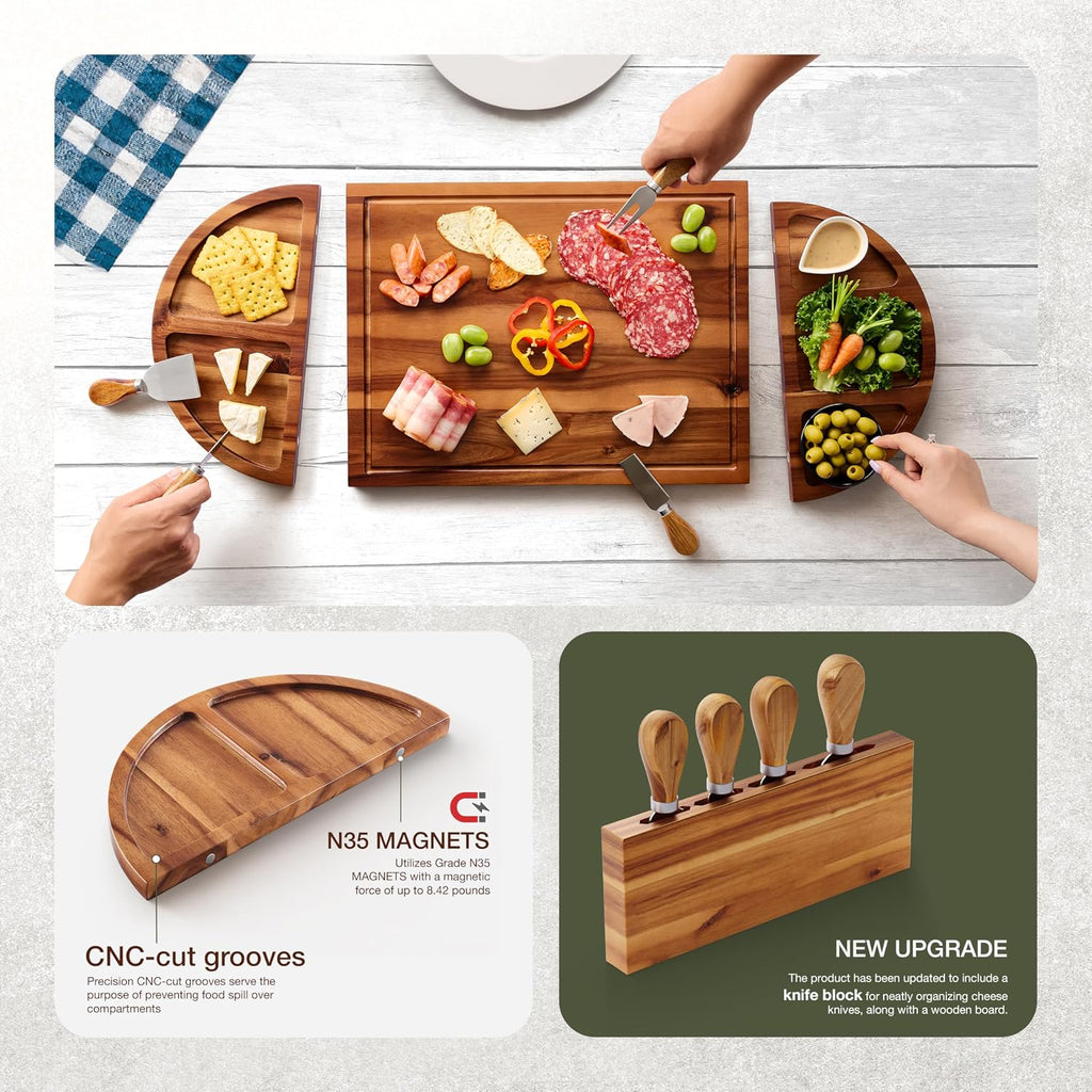 30" Large Acacia Wood Charcuterie Board with 4 Knives Set, Magnetic | Removable 3 Parts, Magnetic, No Assembly Wooden