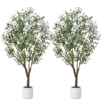 Artificial Olive Tree 7FT, Indoor Fake Silk Plant with Realistic Trunk, Leaves, Fruits and White Planter, Faux Potted