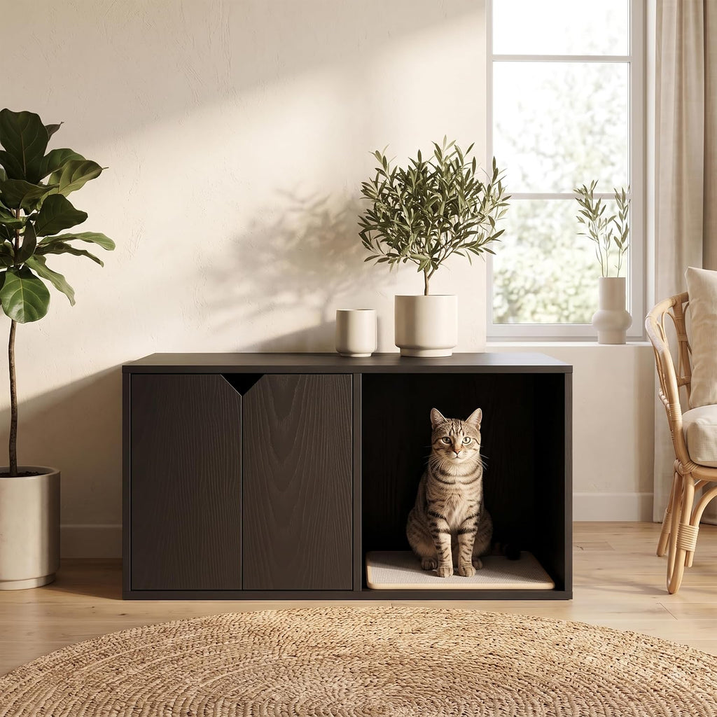 35.83" Modern Black Cat House Hidden Litter Box Enclosure with Scratch Pad