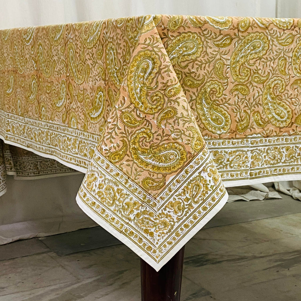 Romantic Reverie Hand Block Print Rectangle Tablecloth 190x72 Inch