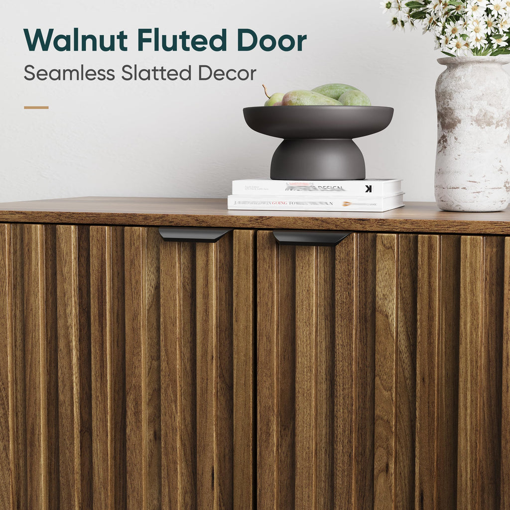 Walnut Buffet Cabinet with Storage, Sideboard Cabinet with Fluted Doors and Metal Legs, Storage Cabinet with