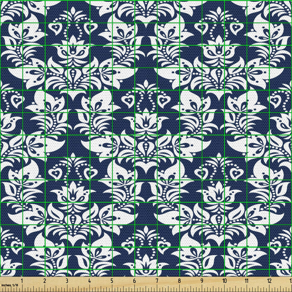 Damask Fabric by The Yard, Antique Floral Ornament with Baroque Curls Curves Foliage Nature Theme, Decorative Fabric