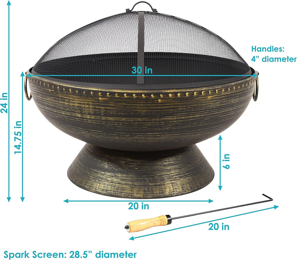 30-Inch Large Outdoor Fire Pit - Wood Burning Fire Pit for Outside with Poker and Screen - Black Finish - Regal Cauldron