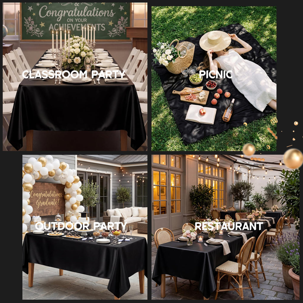 8 Pack Black Satin Tablecloth 58 x 102 Inch Overlay Seamless Design