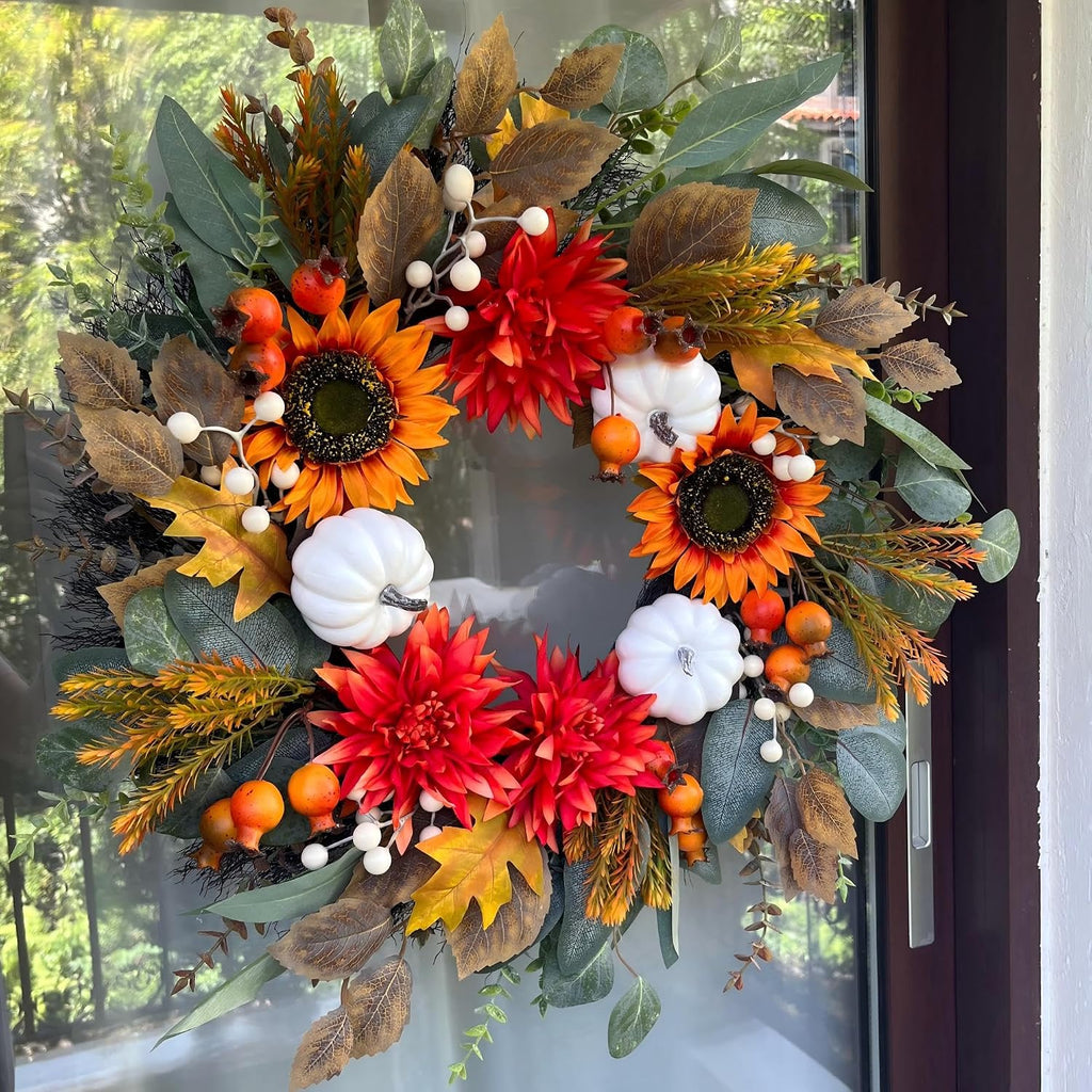 24 Inch Fall Eucalyptus Wreath for Front Door with Dahlia & Sunflower