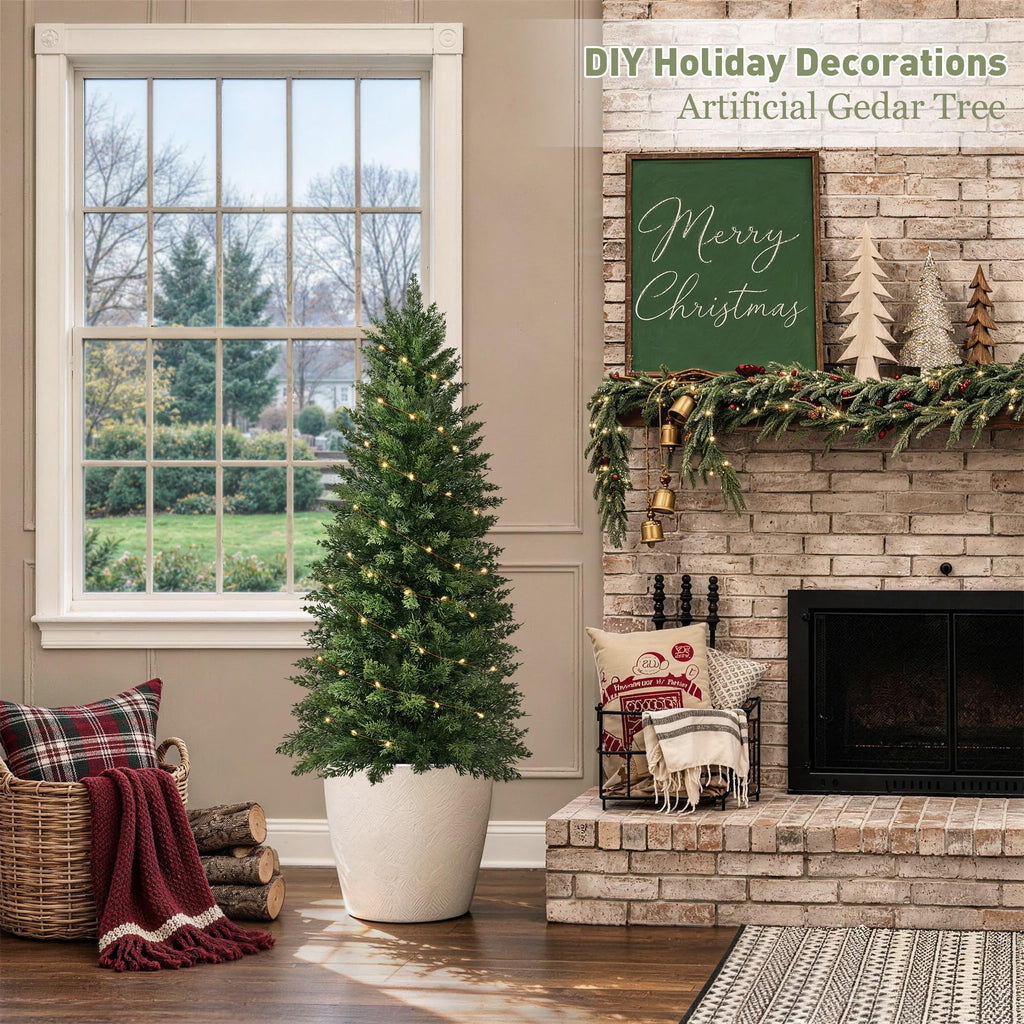 4ft Artificial Cedar Topiary Tree, Set of 1 Realistic Faux Evergreen Shrub Plant in Planter, Indoor Outdoor Fake