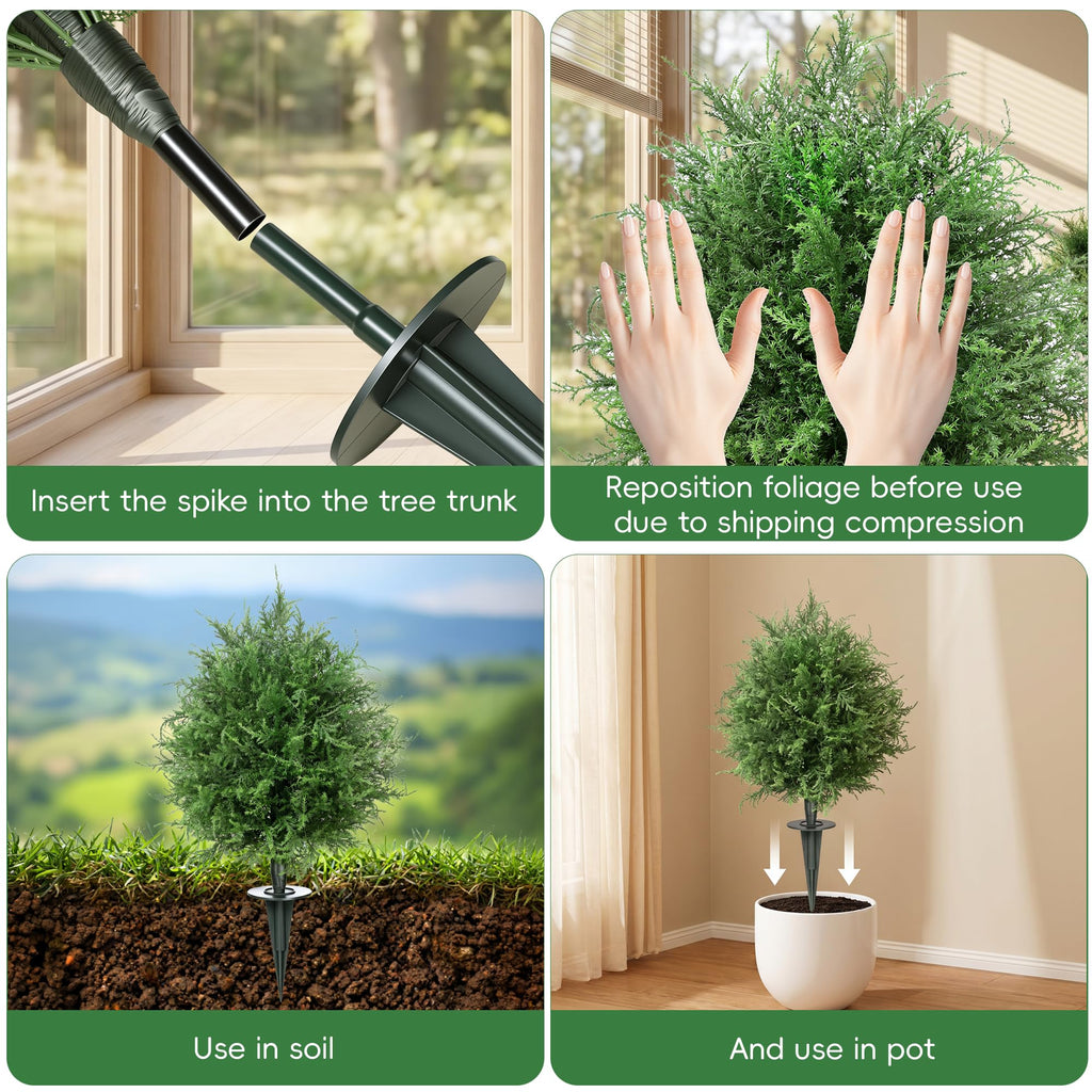 20" Artificial Cedar shrubs for Front Porch, Faux Cedar Ball Trees for Outdoors with Ground Spike, UV Resistant Faux