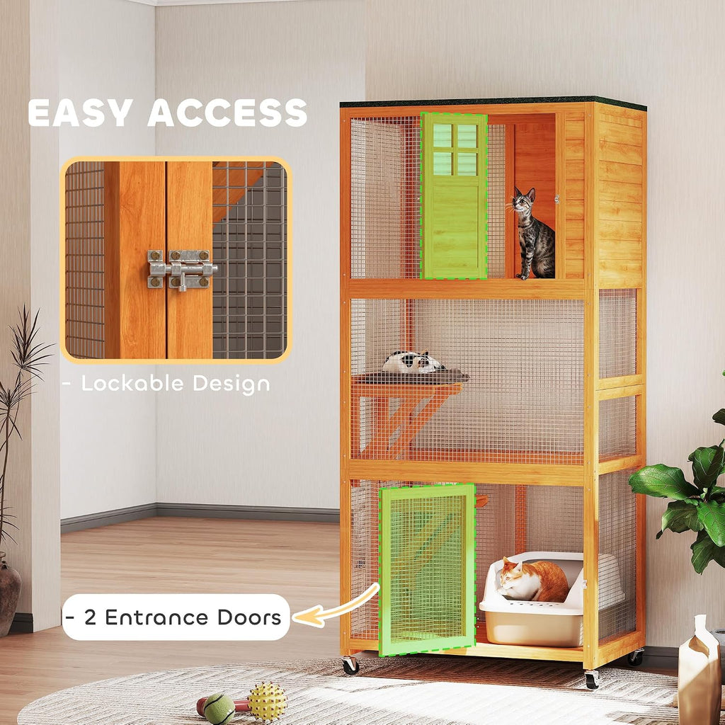 74" Wooden Catio Outdoor Cat Enclosure Weatherproof & Wheeled, Outside Cat House with High Weight Capacity, Kitten